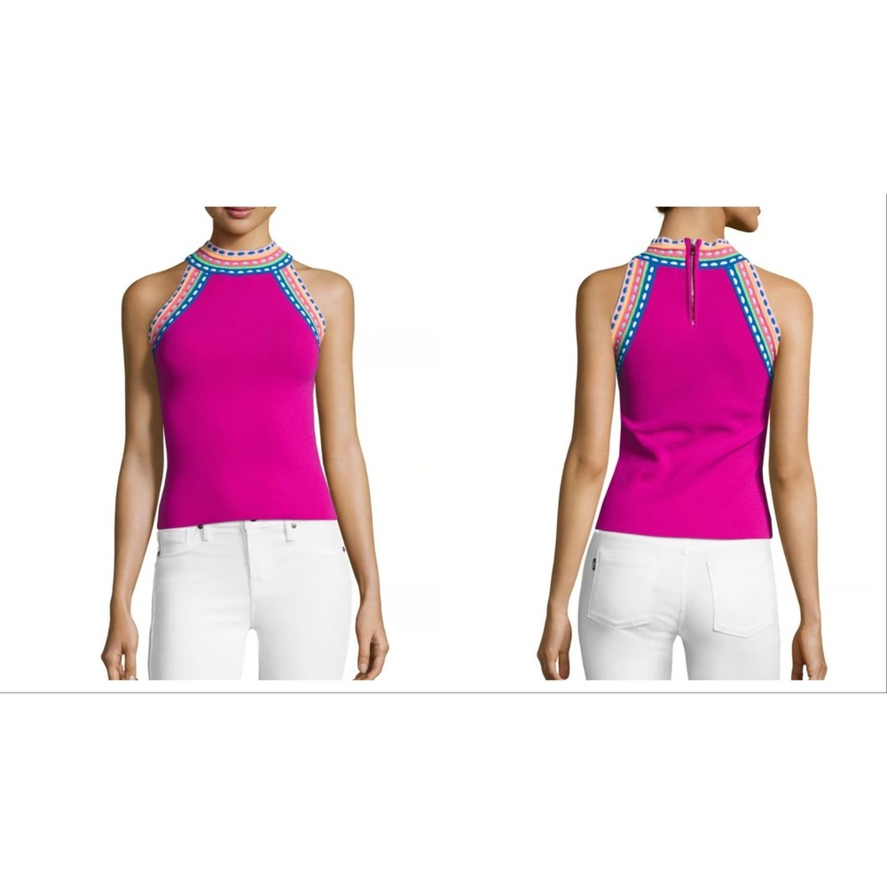 Milly Tank Top Womens S Fuchsia Pink Rainbow Woven-Trim Halter Neck Outdoor